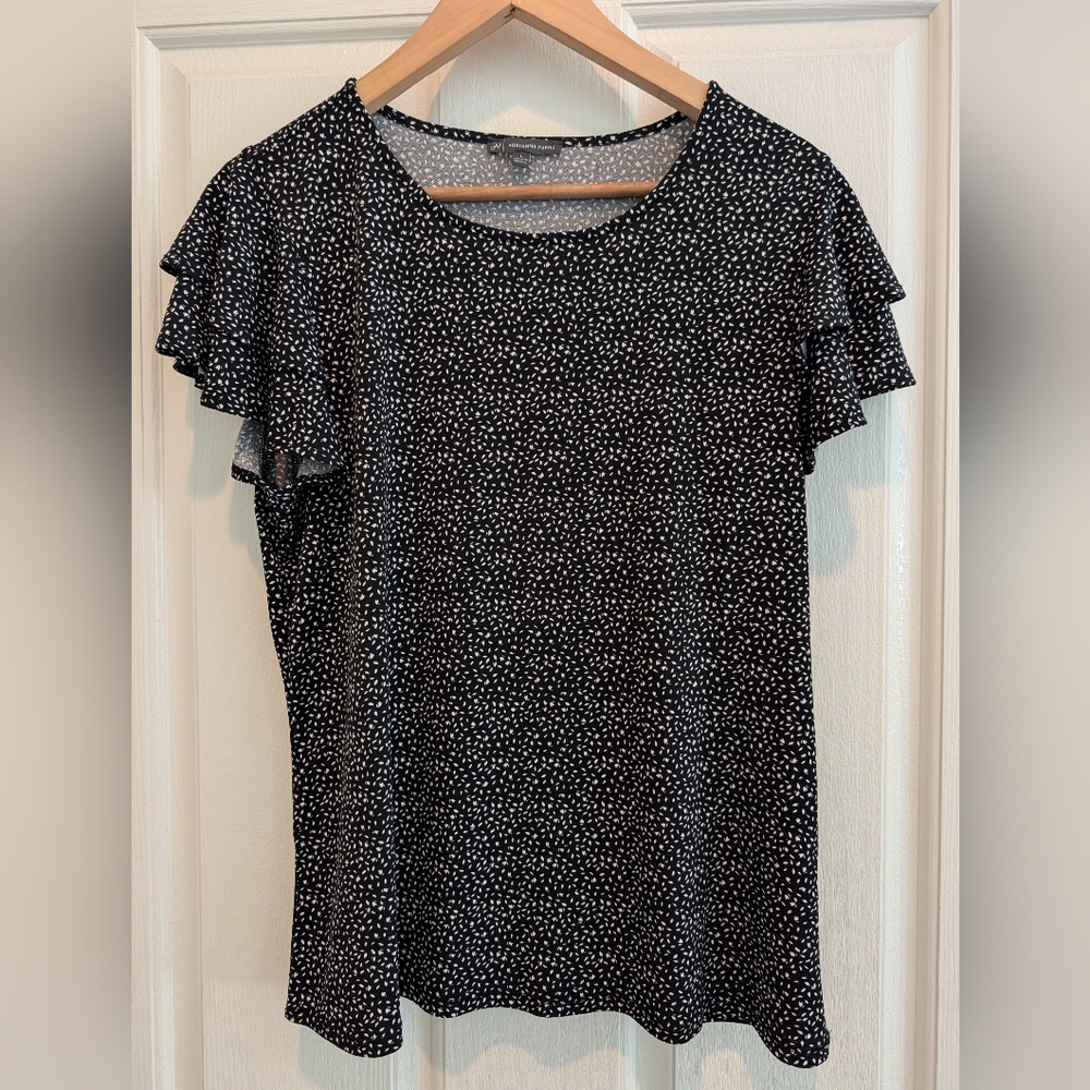 Adrianna Papell Black Dot Ruffle Sleeve Short-Sleeve Top- Large